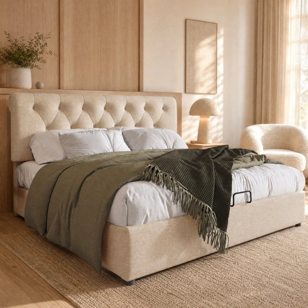 Letto matrimoniale imbottito 140x200 cm con testiera regolabile; contenitore idraulico; lino naturale