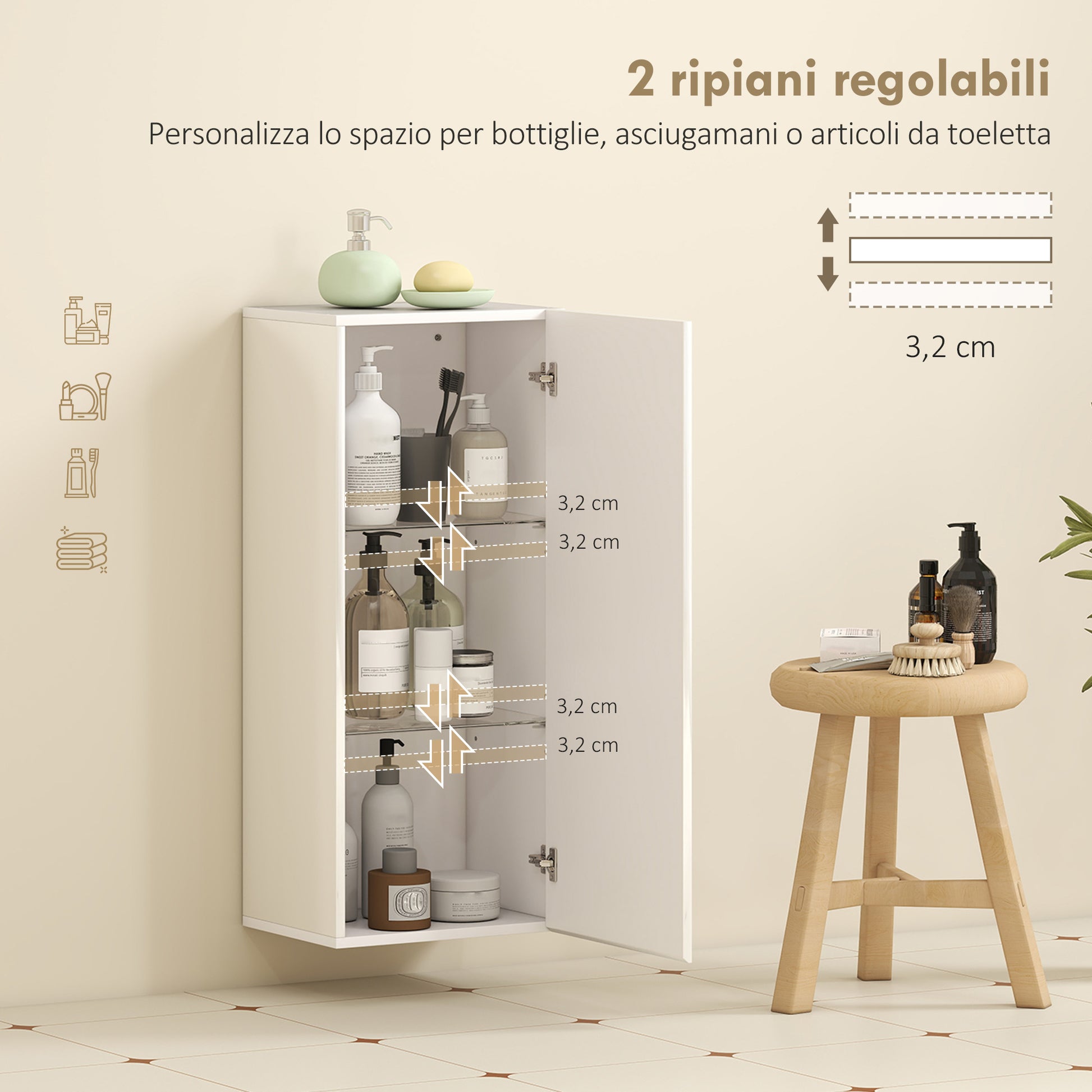 MobilettoPensile da Bagno con 2 Ripiani in Vetro Regolabili e Anta Senza Maniglia Bianco Lucido