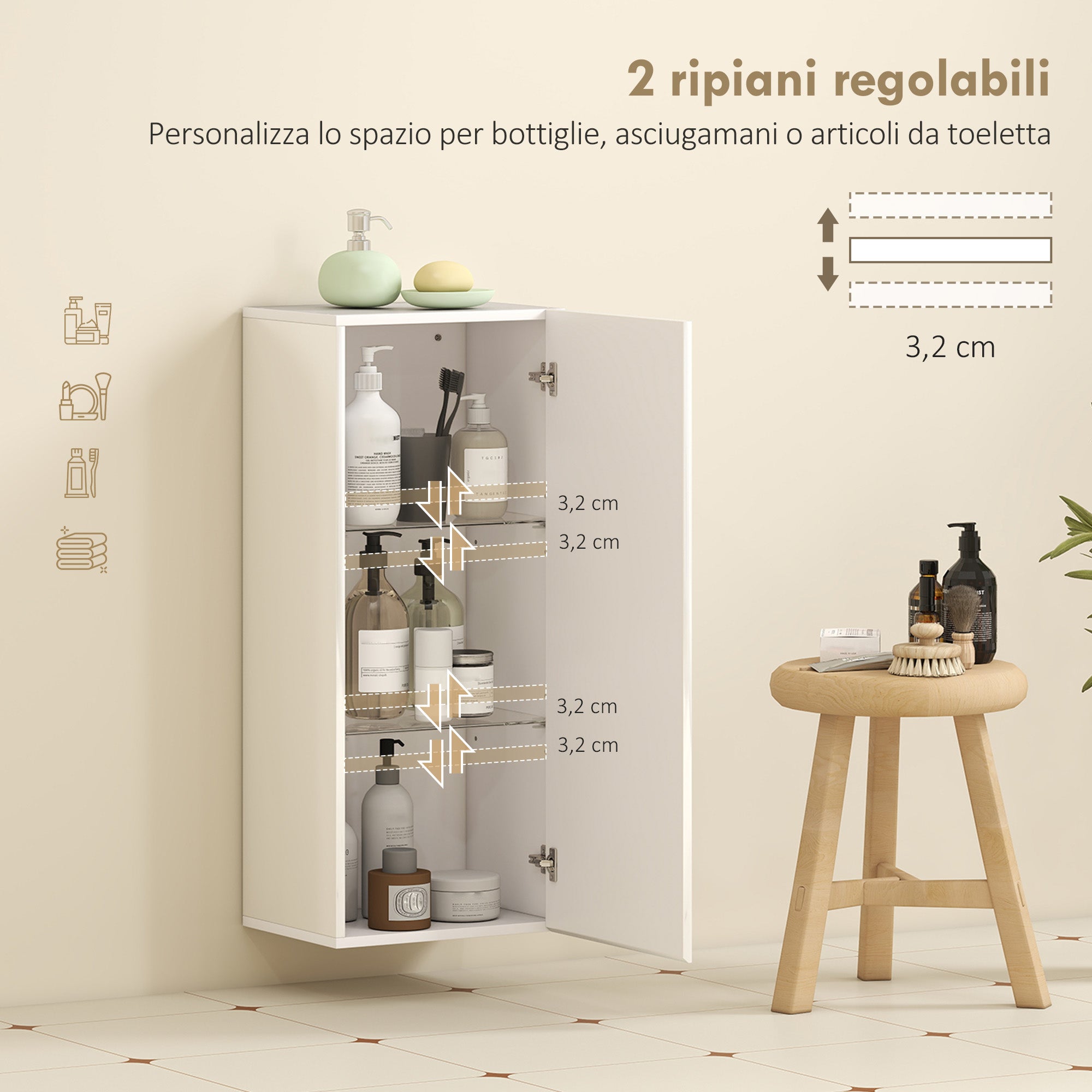 MobilettoPensile da Bagno con 2 Ripiani in Vetro Regolabili e Anta Senza Maniglia Bianco Lucido