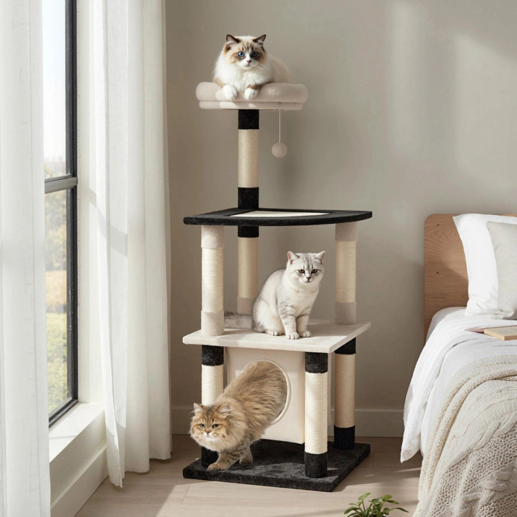 Albero per gatti a pi¨´ livelli torre alta per gatti con tiragraffi in sisal e tavole-Albero per gatti posatoio imbottito in cima Beige