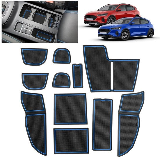 Materassini Antisfregamento per Ford Focus MK4.5 (2022-2025) | Mattoncini in gomma originale per console centrale, contenitori per bicchieri e parafanghi portiere | Adatto a Ford Focus Active X (blu)