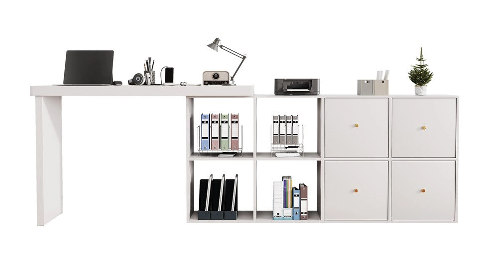 Scrivania Angolare con Cassetti e Ripiani ¨C MINIMAL ¨C MDF Bianco, Piano Girevole 360¡ã
