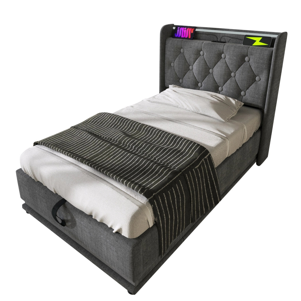 Letto singolo 90x200 cm in lino grigio con LED 360掳; USB e contenitore idraulico