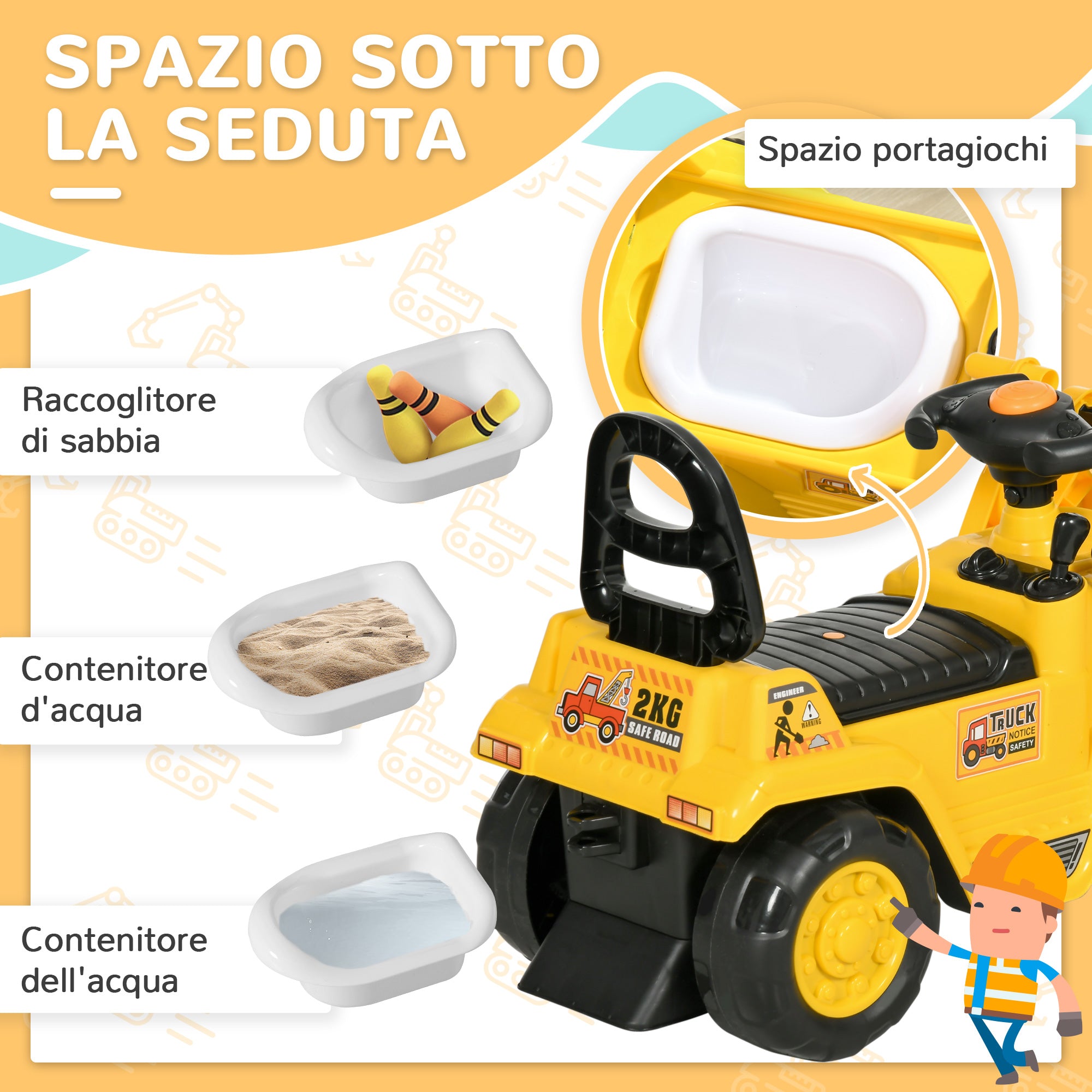 Escavatore Cavalcabile per Bambini 80x26,5x39 cm con Benna e Vano Contenitore in PP e ABS Giallo e Nero