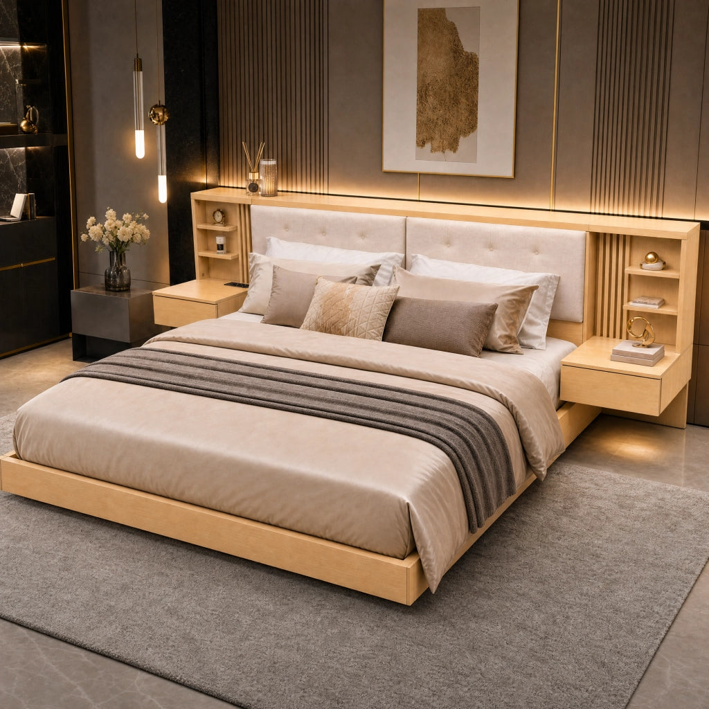 Letto flottante con testiera contenitore, USB e cassetti, 180x200 cm