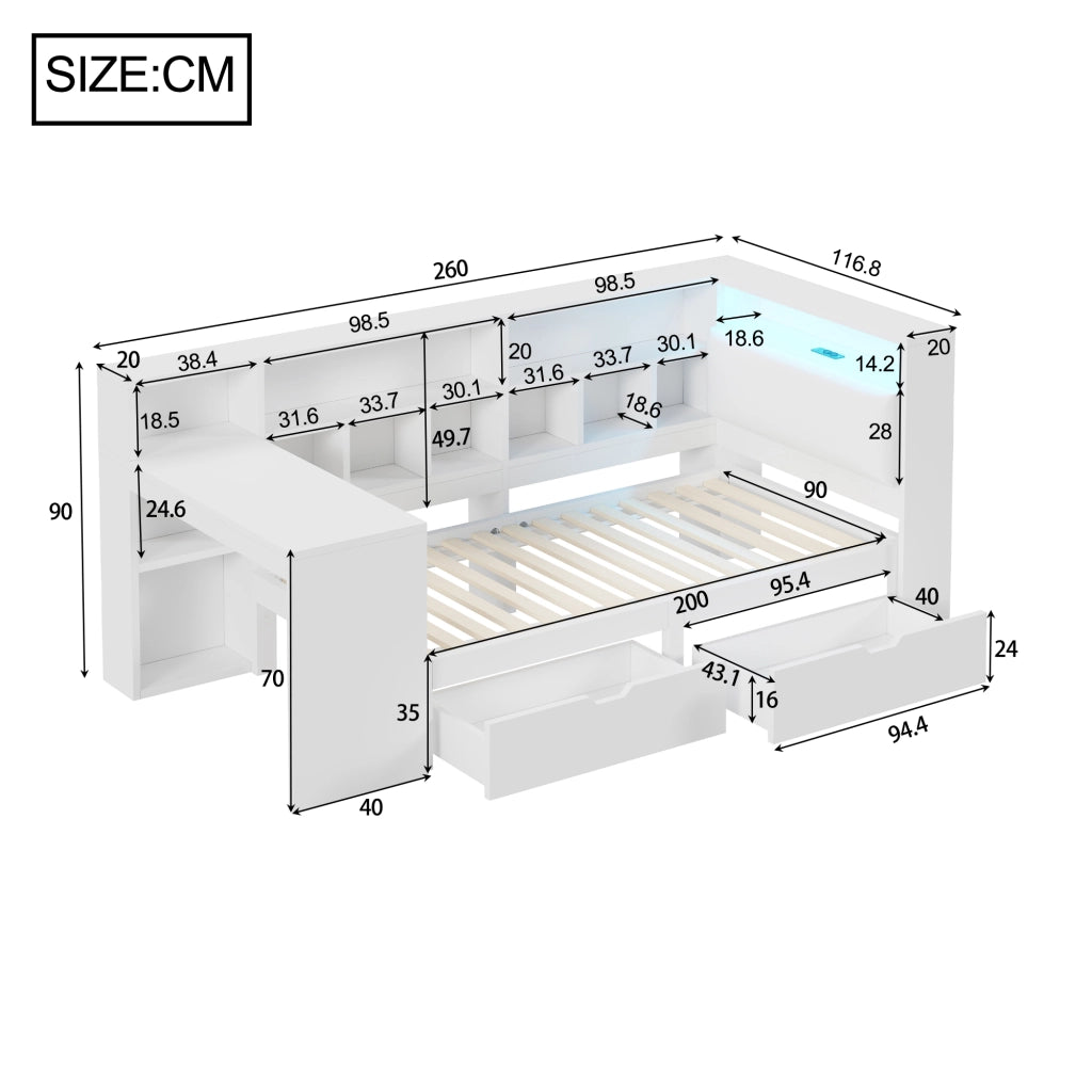 Letto a soppalco 90 × 200 cm con scrivania, libreria, cassetti, LED e USB, senza materasso, bianco