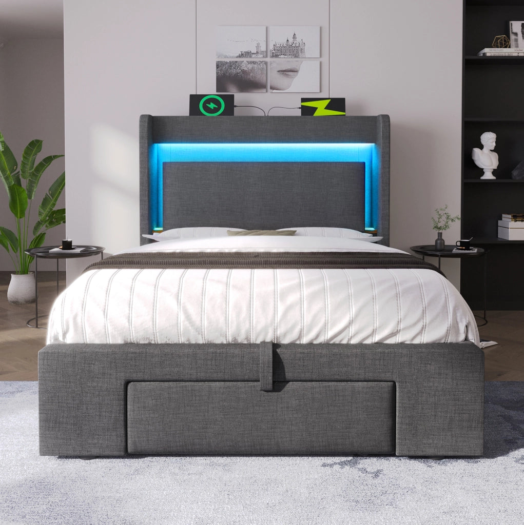 Letto imbottito 90x200 cm con contenitore idraulico, LED, USB e USB-C