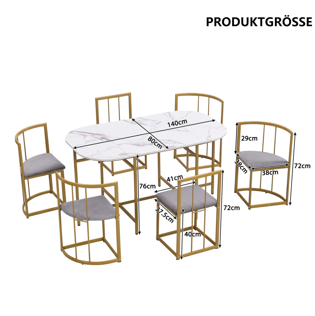 Set tavolo da pranzo; 6 sedie; struttura in ferro dorato; MDF; oro