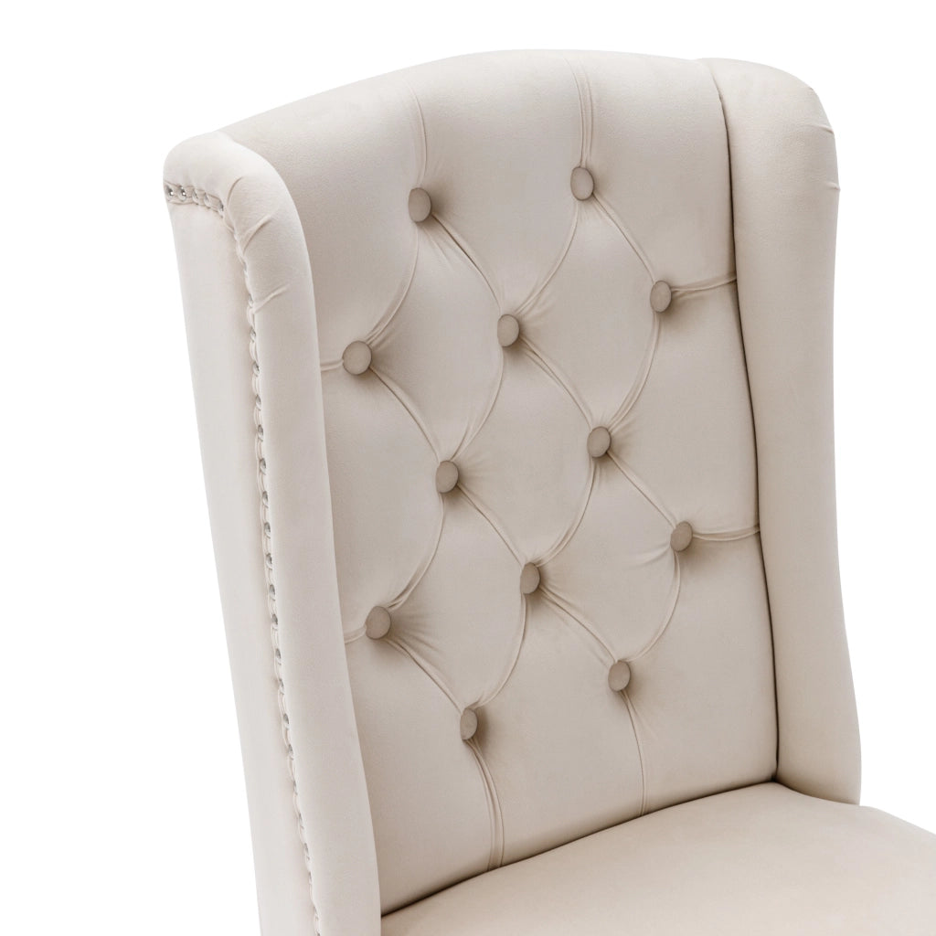 Sedia da sala da pranzo 2 pezzi in velluto con bottoni e borchie argentate, schienale curvo e gambe in rovere beige