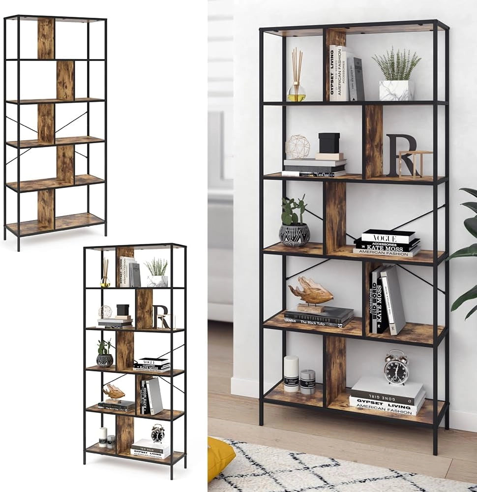 Divisorio per ambienti Fyrk, Legno antico, 80 x 180 cm, utilizzabile come divisorio con struttura in metallo e ripiani aperti