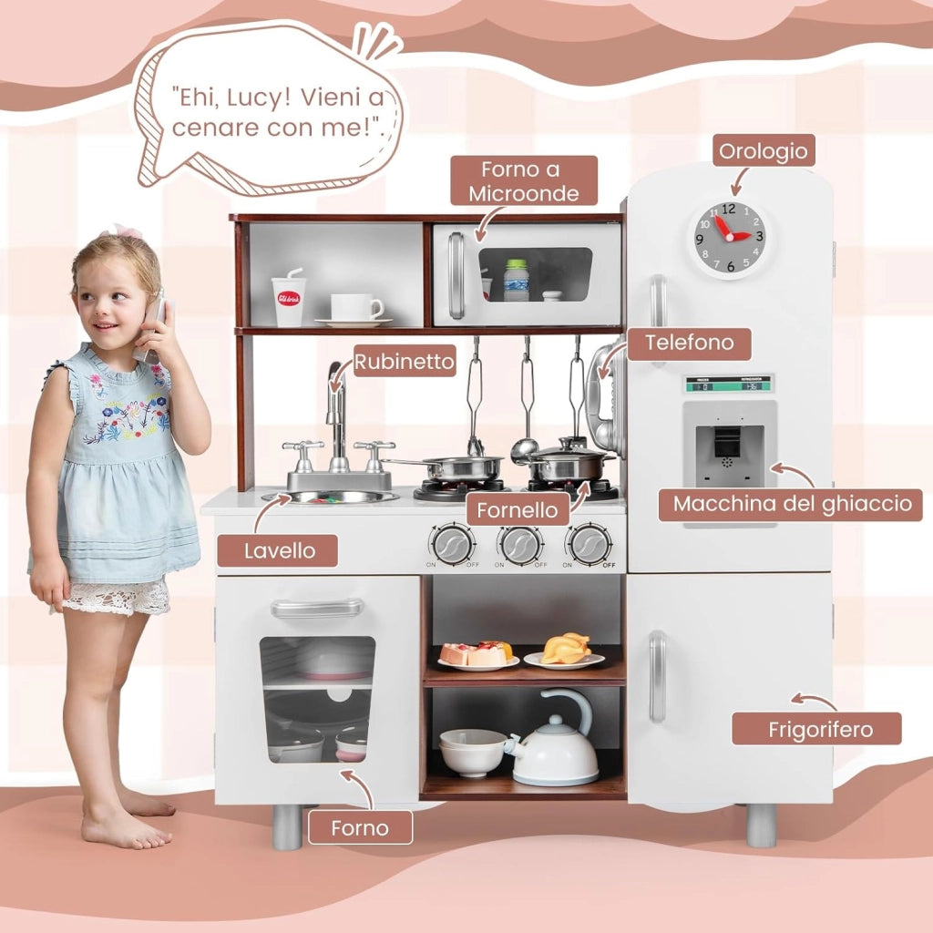Cucina Giocattolo per Bambini, Cucina Legno per Bambini con Forno, Microonde, Frigorifero, Macchina del Ghiaccio, Lavello e Rubinetto, Funzione Luci e Suoni, per Bambini 3 Anni+