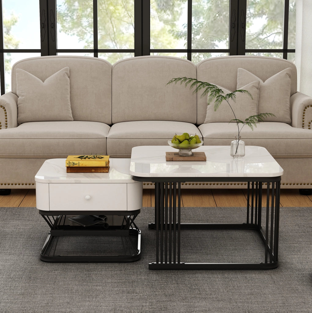 Set di tavolini da caffè 70x70x45 cm + 50x50x40 cm; piano effetto marmo; MDF e metallo; bianco e nero