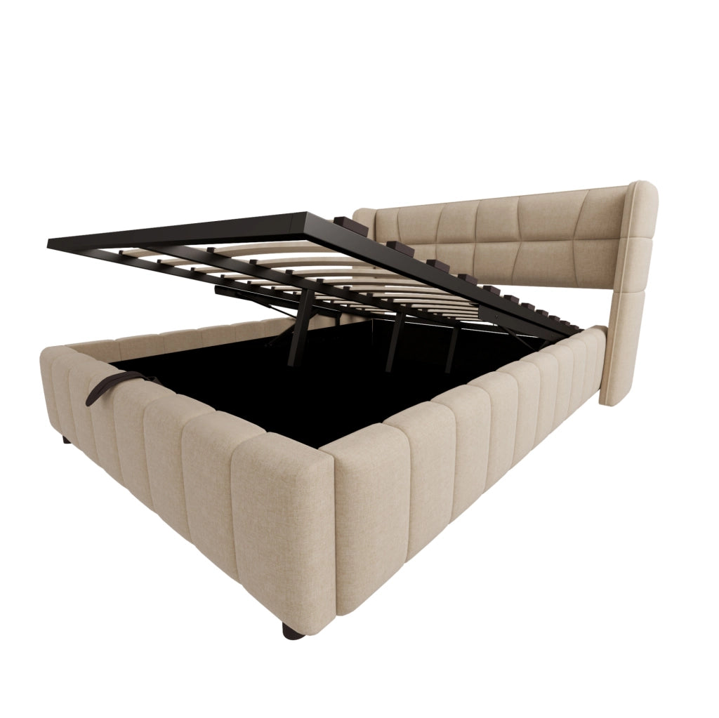 Letto imbottito 140x200 cm con contenitore e rete a doghe; in tessuto beige