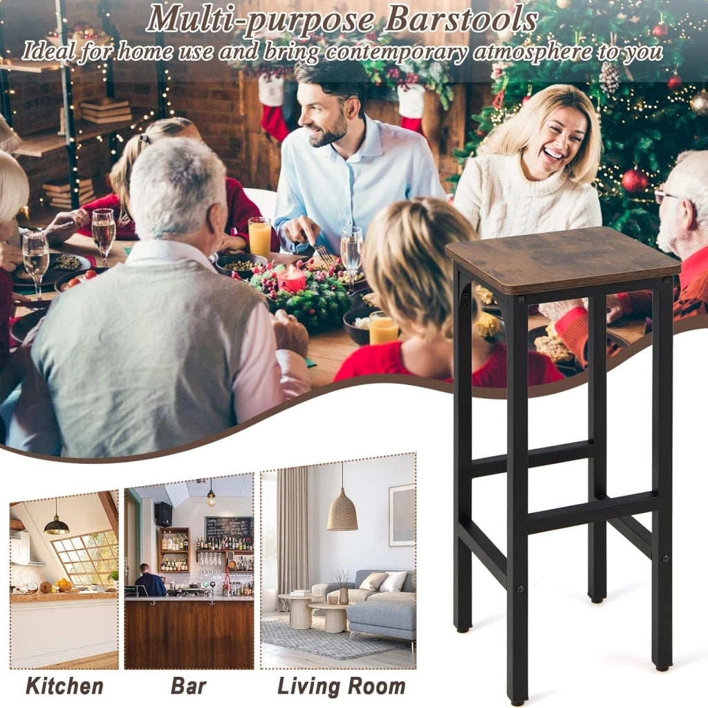 Set di 2 Sgabelli da Bar con Poggiapiedi, Struttura in Metallo, Stile Industriale, per Cucina, Sala da Pranzo, Bistrot, Marrone Rustico