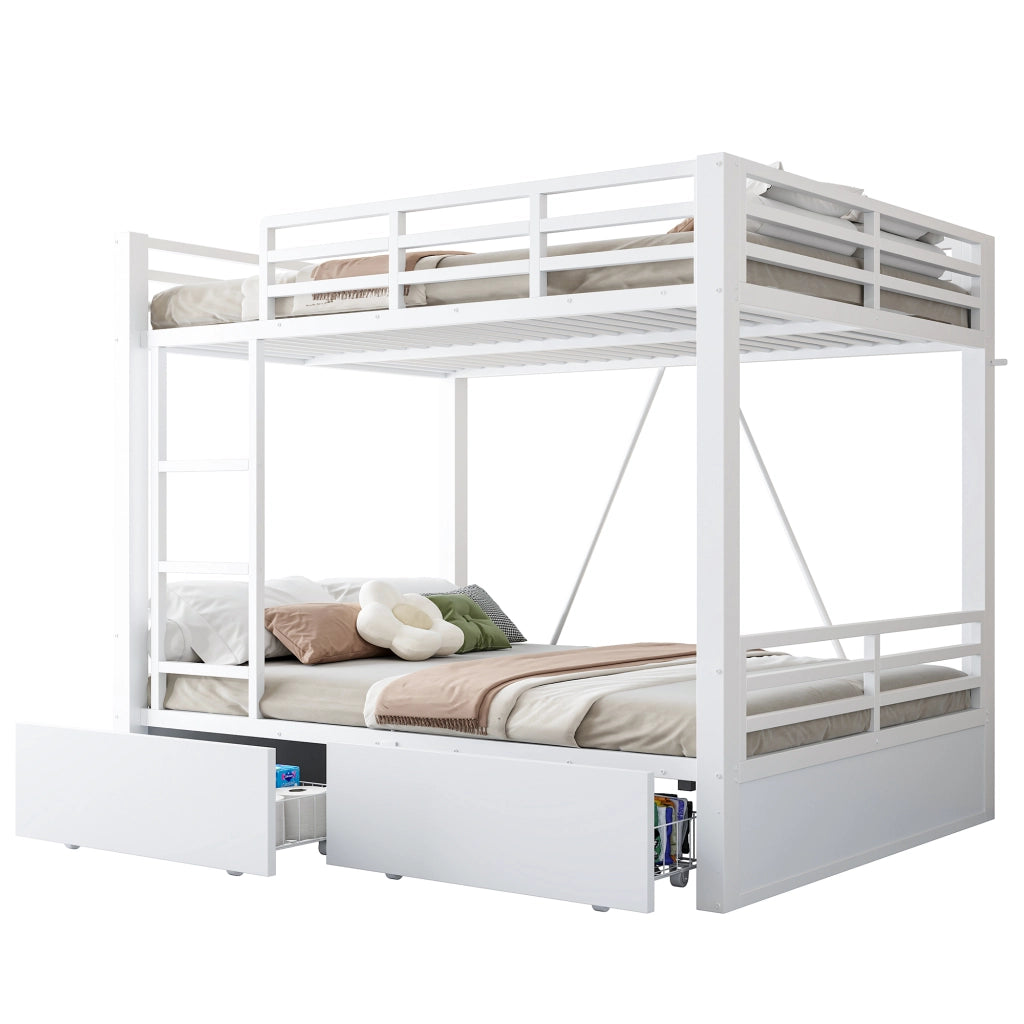 Letto a castello in metallo 140x200 cm con cassetti, scala e sponde di sicurezza, bianco