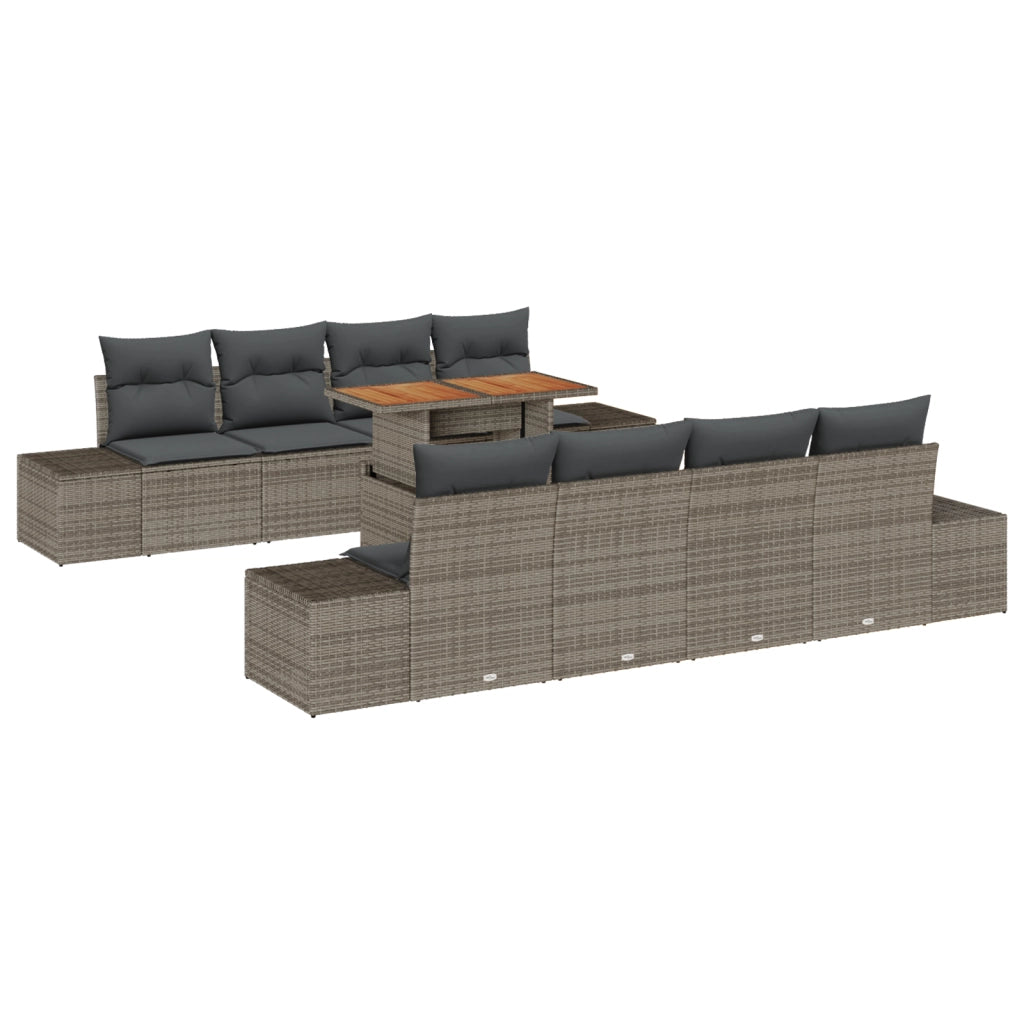 Set da Pranzo da Giardino 9 Pezzi con Cuscini Grigio Polyrattan Acacia