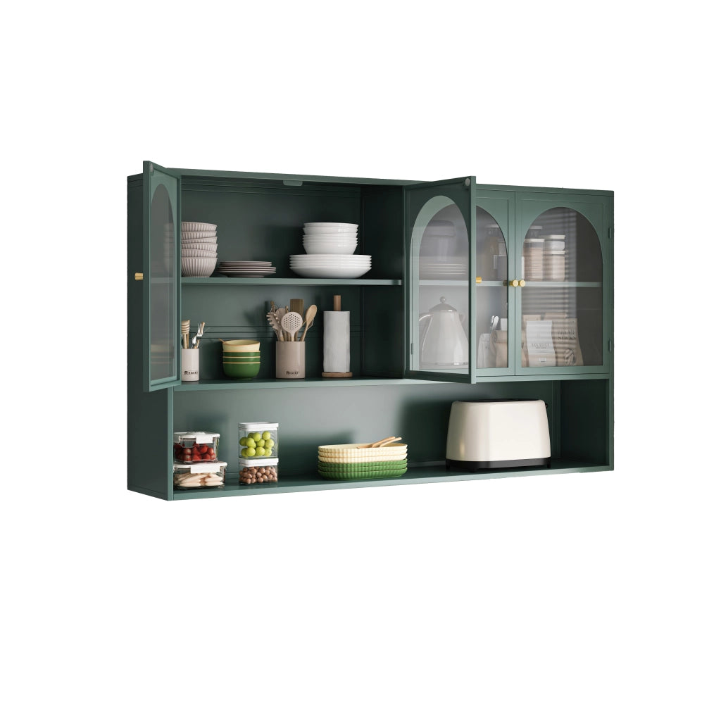 Mobile contenitore a 4 ante in ferro e vetro con ripiani; per cucina e soggiorno; 120×23×70 cm; verde scuro