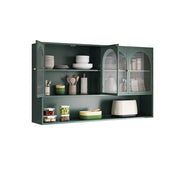 Mobile contenitore a 4 ante in ferro e vetro con ripiani; per cucina e soggiorno; 120×23×70 cm; verde scuro