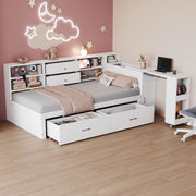 Letto singolo 90x200 cm in legno bianco con scrivania estraibile, cassetti e USB
