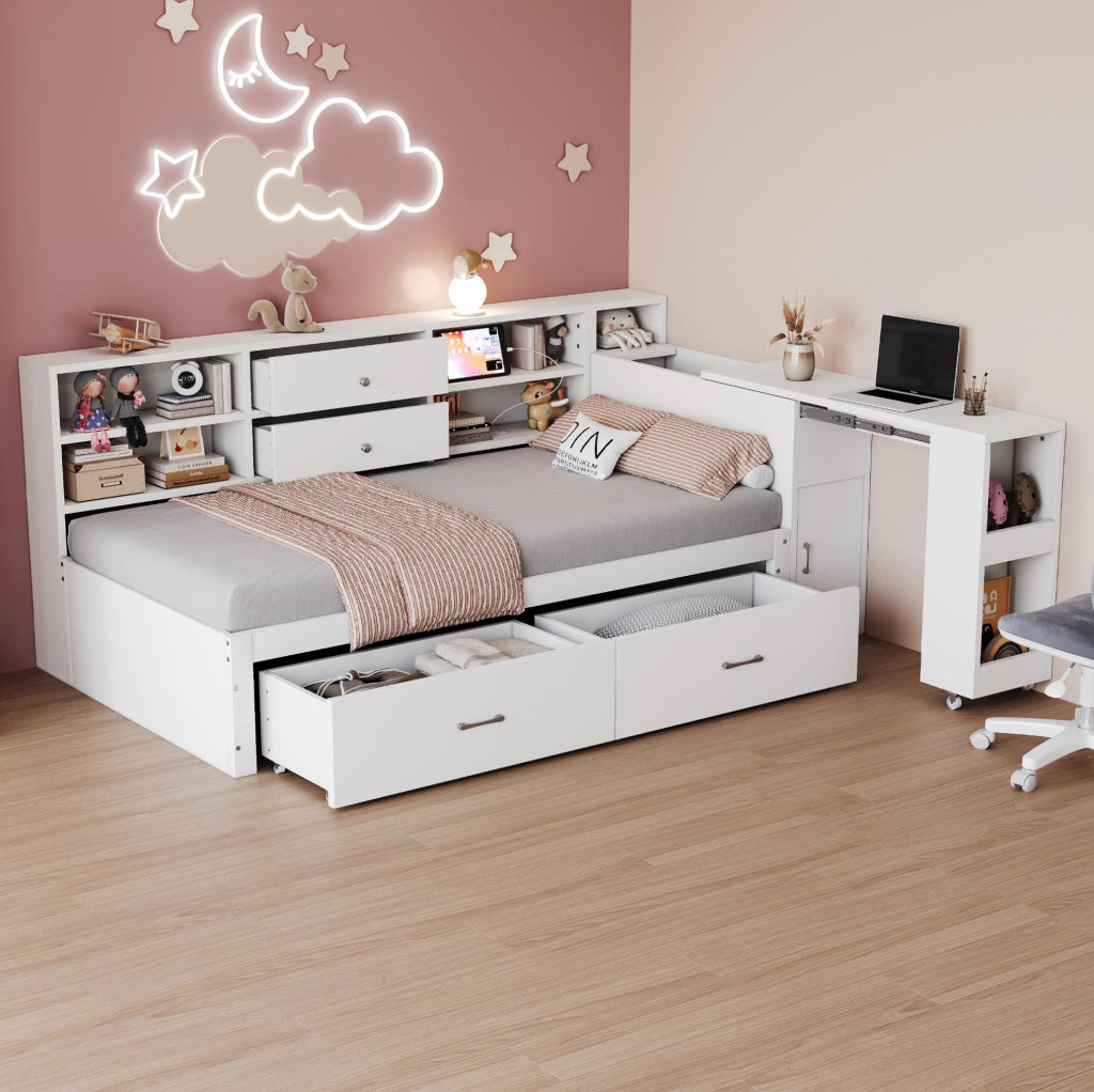 Letto singolo 90x200 cm in legno bianco con scrivania estraibile, cassetti e USB
