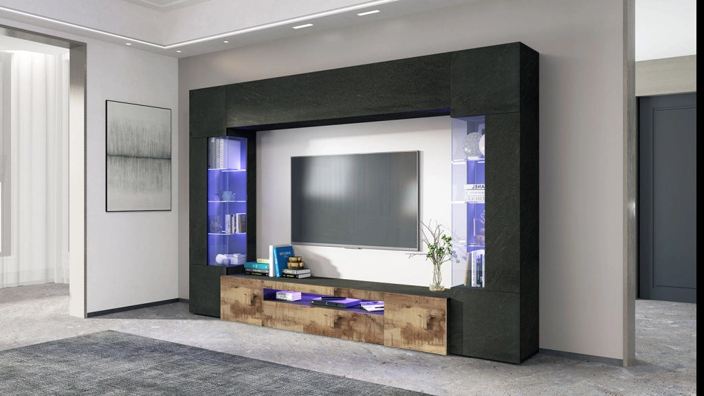 Parete Attrezzata Soggiorno 290x40x190 cm New Egypt Ardesia/Acero Pereira