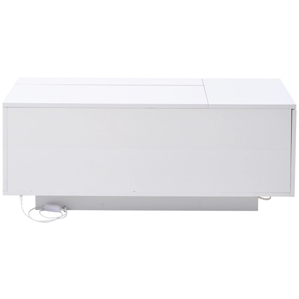 Tavolino da salotto 100x50x40 cm; sollevabile con contenitore nascosto e LED; pannello truciolare bianco