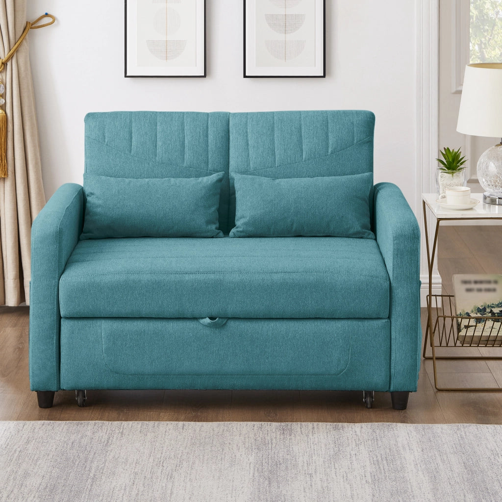 OKWISH Divano Letto 2 Posti, Design Estraibile con Schienale Regolabile a 3 Posizioni e 2 Cuscini, Tessuto Cotone Lino, Blu Verde Anticato