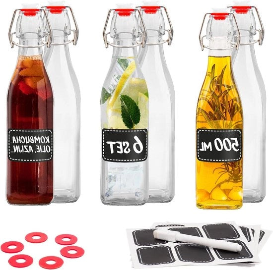 Set di 6 Flaconi con Cappuccio in Vetro - Design Quadrato - Incluso Kit di Chiusure e Etichette - Per Olio Aceto Succo di Limone.