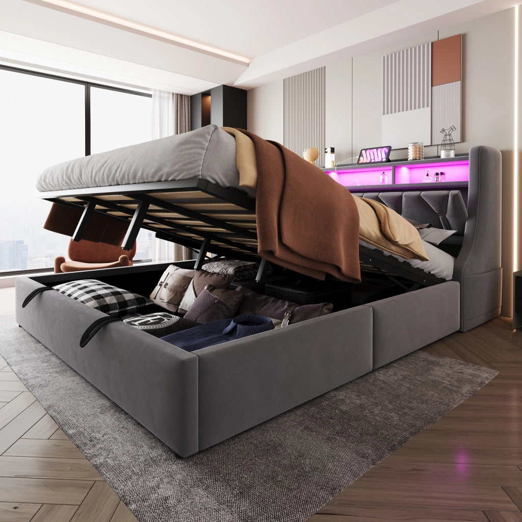 Letto matrimoniale imbottito 180x200 cm con contenitore idraulico, testiera ribaltabile, LED, prese USB e Type-C, velluto grigio