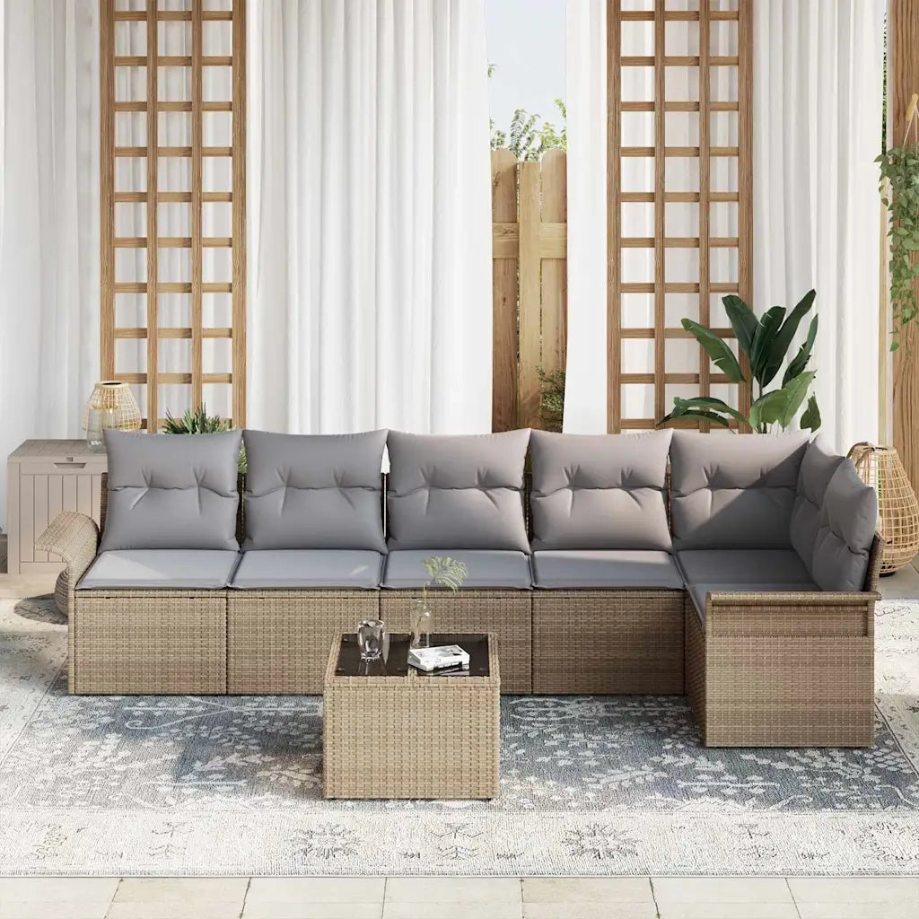 Set Divano da Giardino con cuscino 7 pcs Beige Poly Rattan