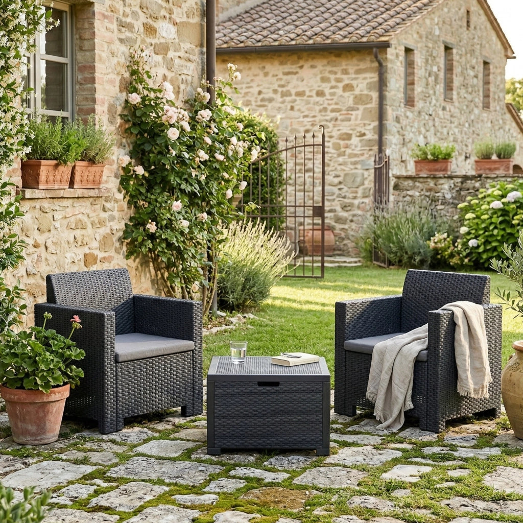 Salottino da esterno Apis, Set da giardino con cuscini, Salottino  effetto rattan, 100% Made in Italy, Antracite