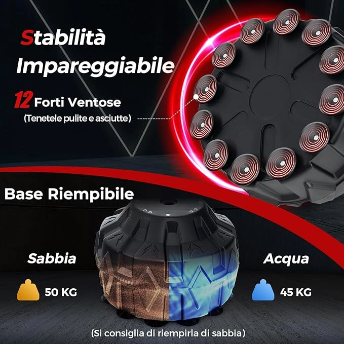 Sacco da Boxe da Terra, Pungiball Autoportante con Base Riempibile, 12 Ventose e Ammortizzatori per Adulti e Adolescenti, Punching Ball in Piedi per Allenamento in Casa e Ufficio