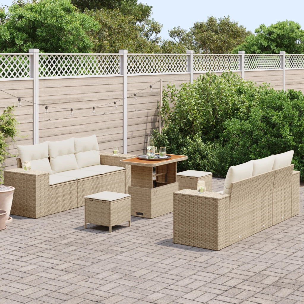 Set Divano da Giardino 9 Pezzi con Cuscini Beige Polyrattan Acacia