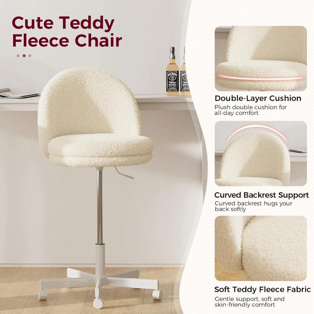 HomeOffice - Sedia per trucco, sedia da scrivania senza braccioli, girevole con supporto per schiena, comoda sedia da ufficio su ruote, altezza regolabile, colore: Bianco