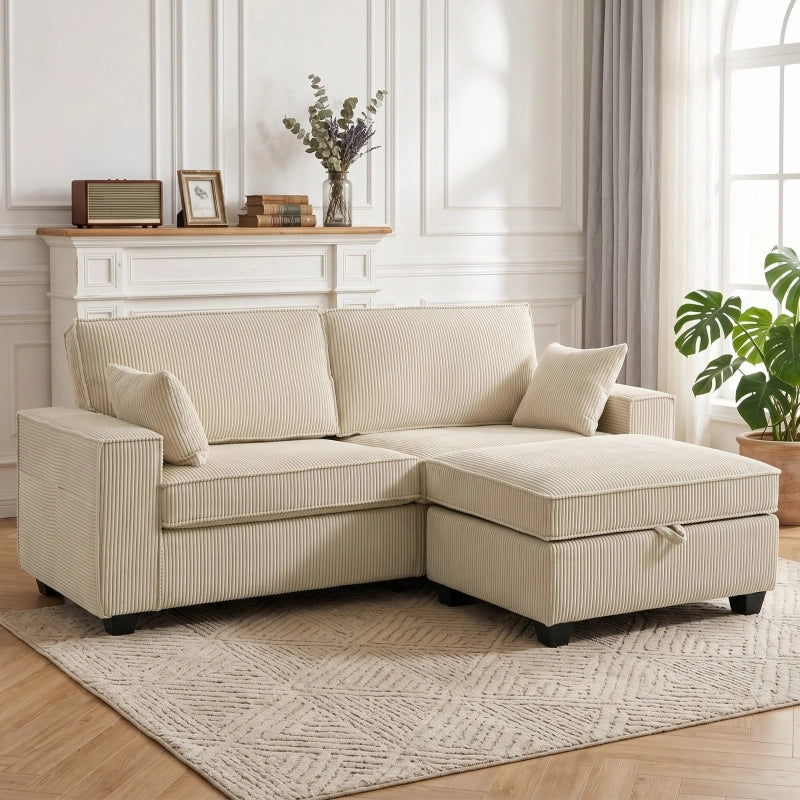 Divano angolare modulare 3 posti con pouf contenitore ampia seduta a molle insacchettate e cuscini in corda beige