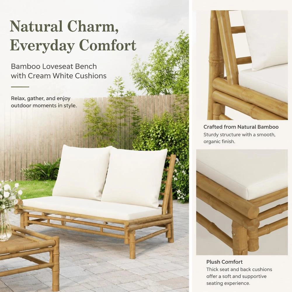 Garden Bench With Cream-white Cushions, Bamboo