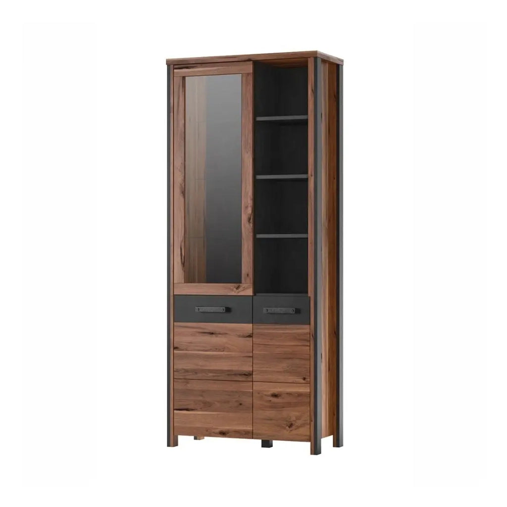 Vetrina collezione WINDSOR. Colori rovere scuro e grigio antracite.