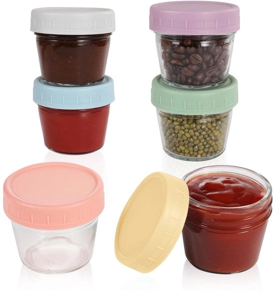 Set di 6 contenitori in vetro di 100 ml, piccoli contenitori alimentari con coperchio, contenitori di salse riutilizzabili per scatole da pranzo, lavoro e viaggio