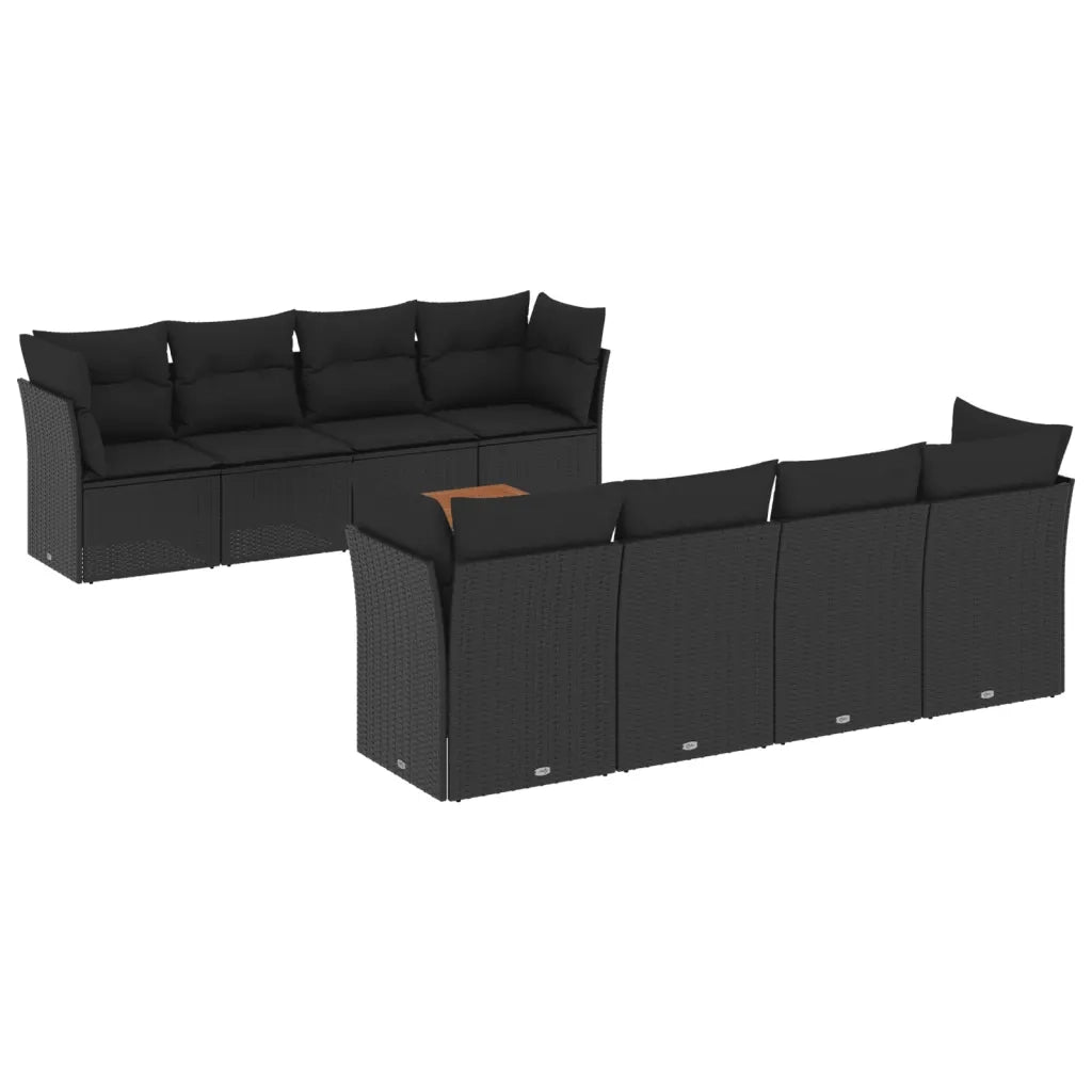 Set Divani da Giardino 9 pz con Cuscini Nero in Polyrattan