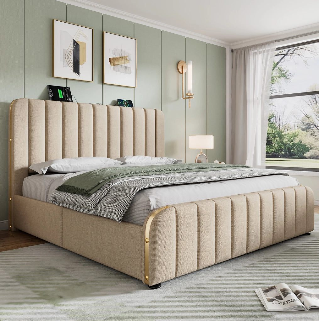 Letto matrimoniale 140x190 cm; testiera con ricarica USB e Type-C; lino e legno; beige (Senza materasso)