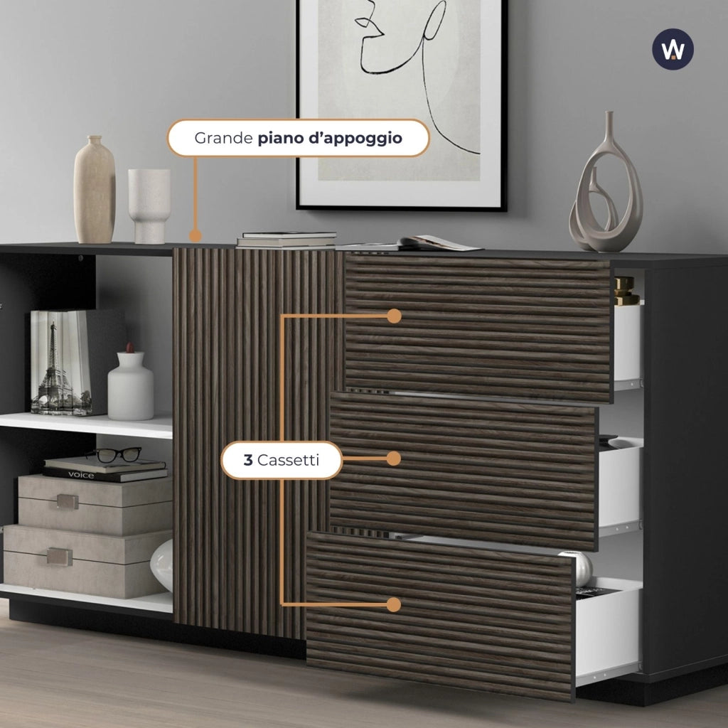 WHOUS Credenza Coste a 2 ante e 3 cassetti antracite opaco e legno scuro 180x43x86 cm