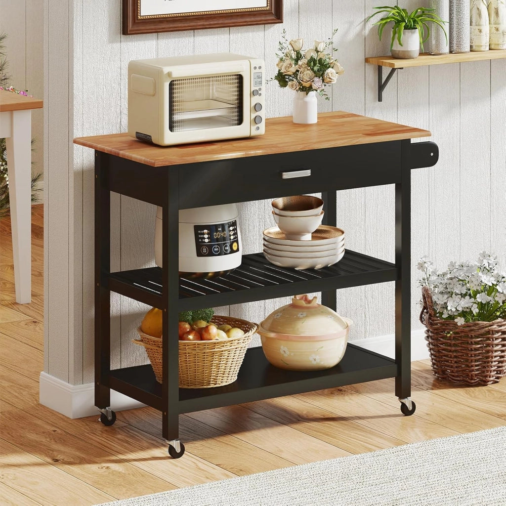 Desserte Cucina, Porta Asciugamani, Piano di Lavoro in Legno di Eva, Carrello con ruote, 1 Cassetto, 2 Ripiani Aperti, Cornice in Legno di Pino, Carrello Cucina per Sala da Pranzo, Nero