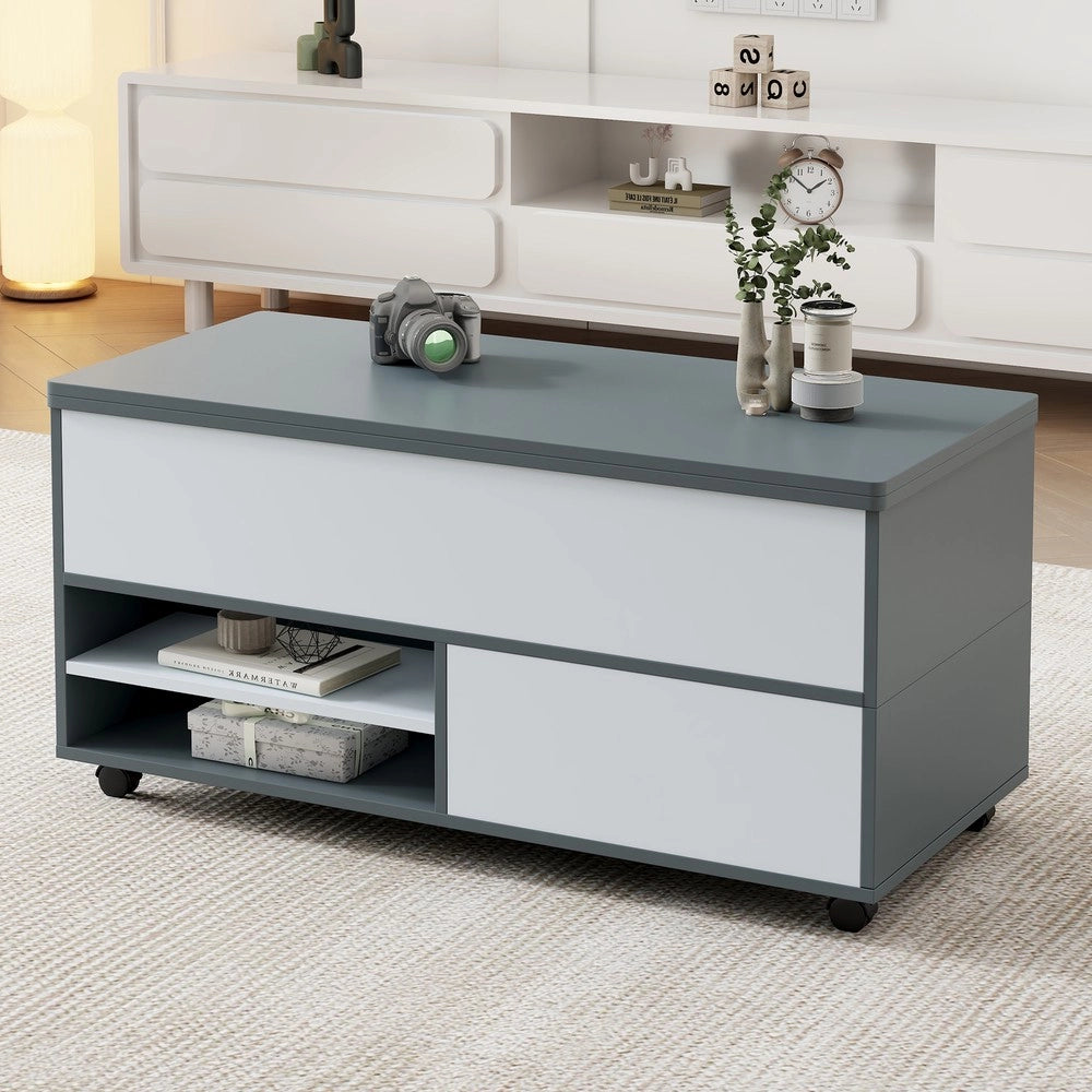 Tavolino da Caff¨¨ Multifunzionale ¨C MINIMAL ¨C Grigio/Bianco, con Cassetti e Ripiano, 100x98x65