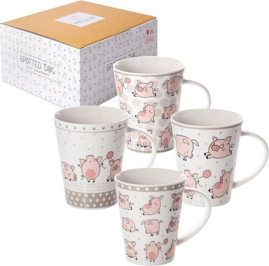 Set di Caffè di Porcellana di 4 Mokke Carine in Rosa - Regalo per gli Amanti dei Porci Mokke da 360ml / 12.2oz