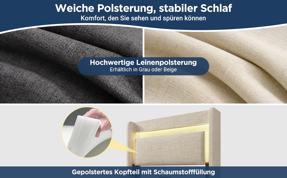Letto Imbottito Contenitore 90x200 con LED, USB, Testiera e Materasso ¨C MINIMAL ¨C Beige Lino