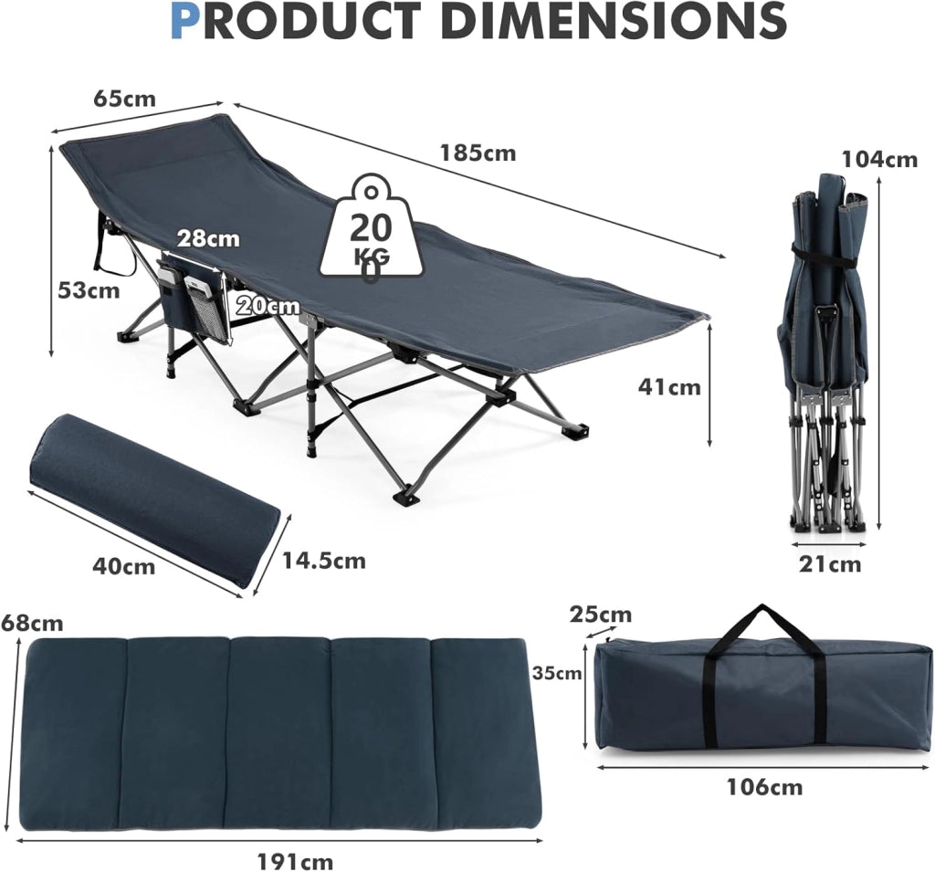 Lettino da campeggio pieghevole 190 x 67 x 50 cm, letto da campeggio con materasso rimovibile e cuscino, lettino da campeggio con borsa per il trasporto, antiscivolo, campeggio, viaggi