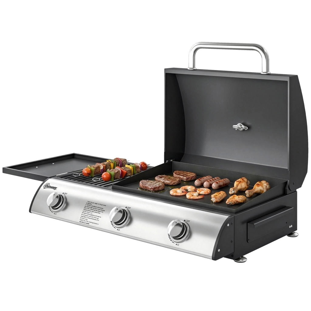 Barbecue a Gas con 3 Bruciatori 7,5 kW ¨C zephmum ¨C Griglia Piana, Ripiano Laterale, Nero