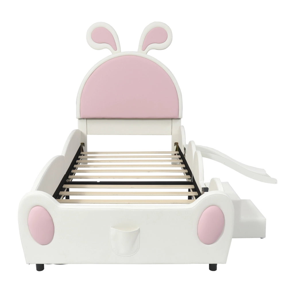 Letto imbottito 90x200 cm con scivolo; scala e orecchie da coniglio in PU rosa e bianco