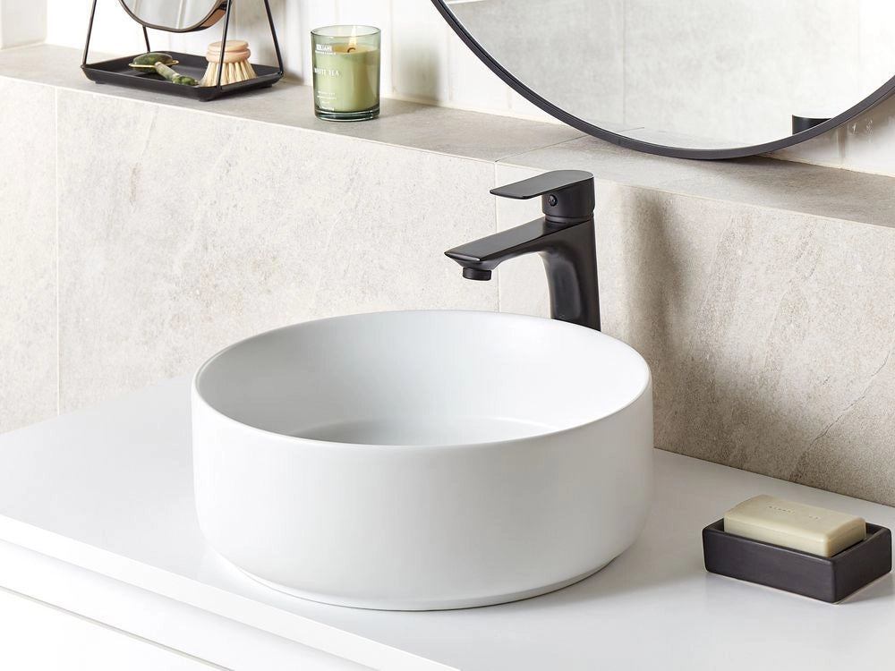 Lavabo da bagno rotondo in ceramica 36 cm nero e bianco stile moderno elegante