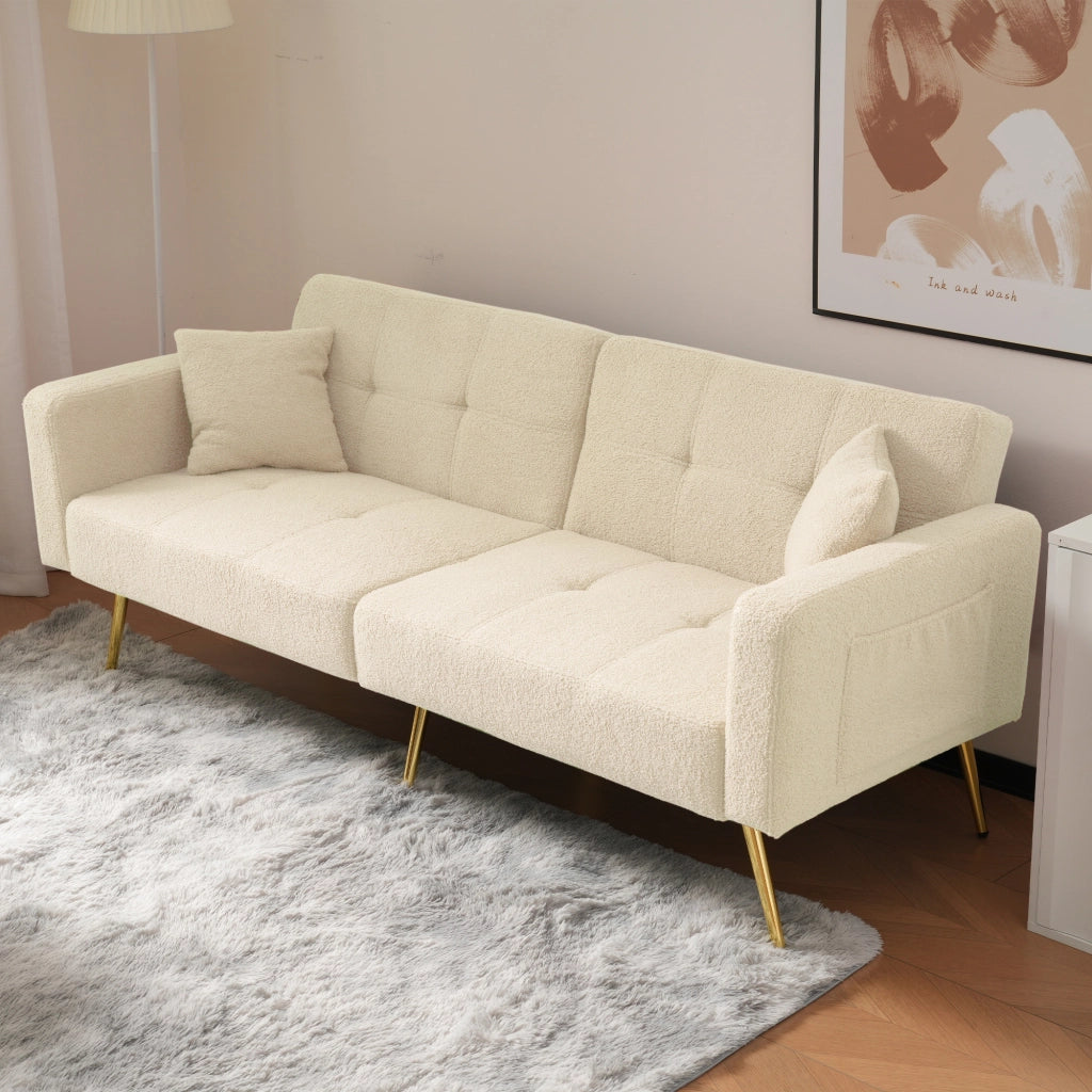 Divano Letto con Schienale Regolabile; 2 Tasche Laterali e Gambe Dorate; in Schiuma; Beige; 175 × 64 × 72 cm